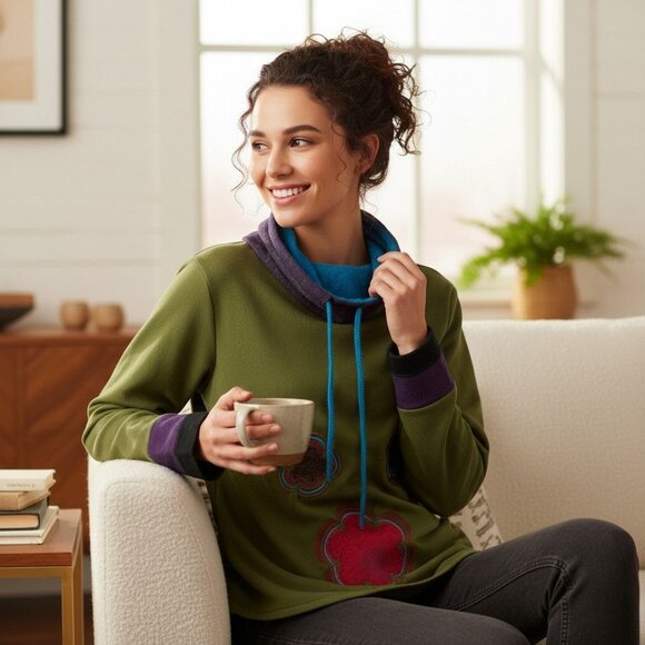 Camden GEKKO Green Pullover Purple & Blue Accents Floral Appliqué Funnel Neck - Picture 3 of 14